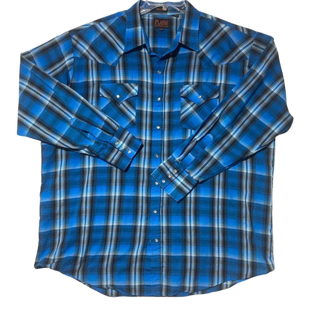 Plains Western Wear Mens XXLT Blue Plaid Pearl Snap Long Sleeve Shirt Tall Man